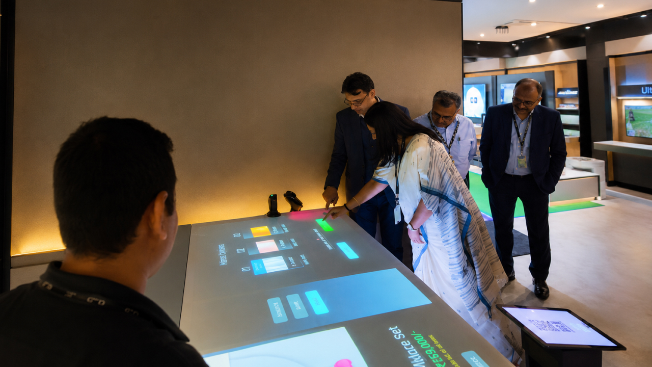 Visitors explore an interactive touchscreen table inside a modern retail experience centre